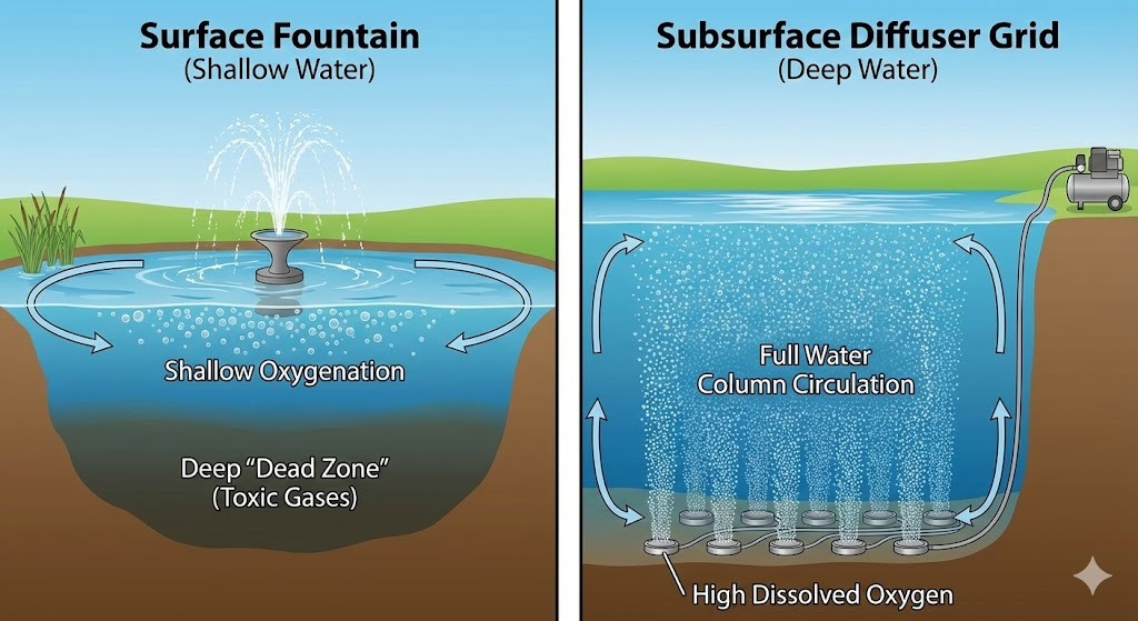 Beluchting van meren en vijvers: een professionele gids voor het selecteren van systemen en diffusers